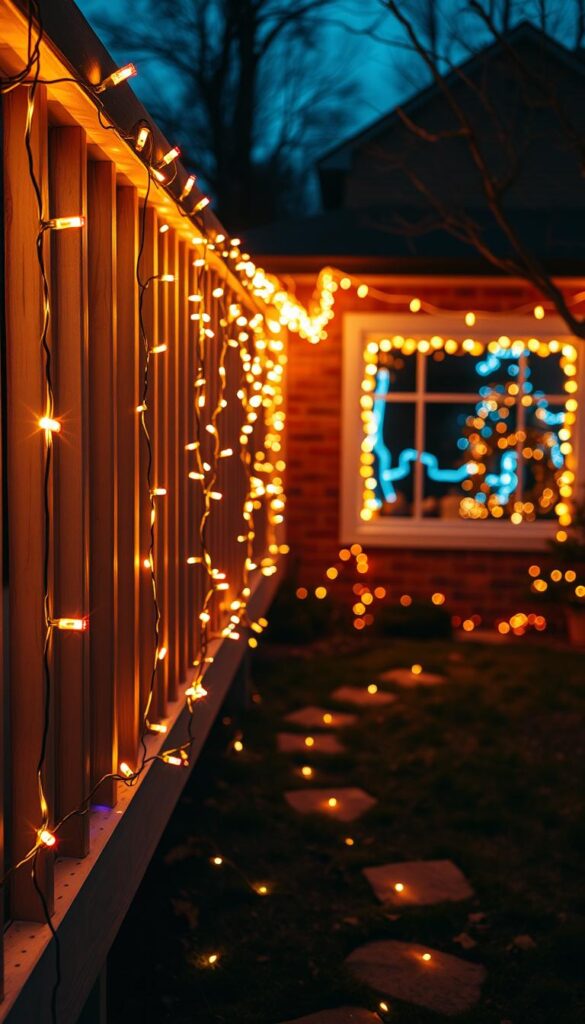 Rope lights winding along the railing, casting a warm, cozy glow over the backyard. Strands of lights trailing across the ground, outlining a meandering path. Vibrant, neon-style bulbs illuminating the window frames, adding a festive touch to the scene. Soft, diffused lighting creates a serene, inviting atmosphere, perfect for holiday gatherings. Wide-angle lens captures the full scale of the backyard decor, showcasing the creative use of lighting to enhance the space. Moody, golden-hour lighting infuses the image with a sense of tranquility and celebration.