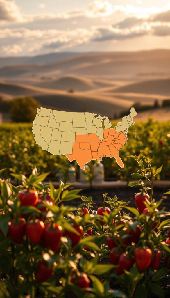 Season temperatures, a vibrant depiction of the United States' thermal diversity. In the foreground, a lush garden bursting with thriving pepper plants, their leaves casting delicate shadows on the soil. The middle ground showcases a map of the continental U.S., each region subtly shaded to illustrate the varying seasonal temperature ranges, from the sun-drenched Southwest to the crisp Northeasterly climes. In the background, a sweeping vista of rolling hills and cloudscapes, illuminated by a warm, golden glow that imbues the scene with a sense of tranquility and abundance. Captured with a wide-angle lens, this image conveys the harmonious relationship between the ideal growing conditions and the distinct seasonal patterns that shape the nation's diverse agricultural landscape.