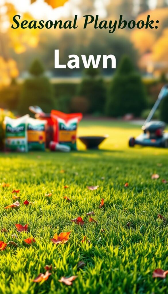 Seasonal Playbook for Lawn: a detailed illustration showcasing a lush, well-maintained lawn transitioning through the four seasons. In the foreground, a vibrant green grass carpet, meticulously trimmed, with scattered fallen leaves hinting at autumn's arrival. The middle ground features an array of lawn care tools - fertilizer bags, a spreader, a rake, and a mower - neatly arranged, suggesting a structured approach to seasonal lawn maintenance. In the background, a softly blurred landscape shifts from the verdant hues of spring, to the golden tones of summer, the fiery shades of fall, and the muted tones of winter, creating a visual timeline of the lawn's annual cycle. Warm, natural lighting casts a subtle glow, enhancing the sense of seasonal rhythm and the homeowner's dedication to a healthy, thriving lawn. Seasonal Playbook for Lawn: a detailed illustration showcasing a lush, well-maintained lawn transitioning through the four seasons. In the foreground, a vibrant green grass carpet, meticulously trimmed, with scattered fallen leaves hinting at autumn's arrival. The middle ground features an array of lawn care tools - fertilizer bags, a spreader, a rake, and a mower - neatly arranged, suggesting a structured approach to seasonal lawn maintenance. In the background, a softly blurred landscape shifts from the verdant hues of spring, to the golden tones of summer, the fiery shades of fall, and the muted tones of winter, creating a visual timeline of the lawn's annual cycle. Warm, natural lighting casts a subtle glow, enhancing the sense of seasonal rhythm and the homeowner's dedication to a healthy, thriving lawn.