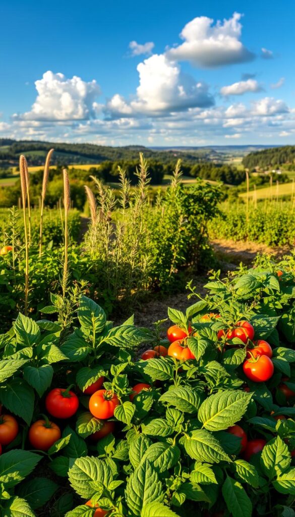 Seasonal timing garden, a lush and vibrant scene. In the foreground, a well-tended vegetable patch, with rows of leafy greens, plump tomatoes, and colorful peppers. In the middle ground, a flourishing herb garden, with fragrant rosemary, thyme, and basil swaying gently in the breeze. The background is a picturesque landscape, with rolling hills, a distant forest, and a clear blue sky with fluffy white clouds. The lighting is warm and golden, capturing the essence of the changing seasons. The overall mood is one of abundance, harmony, and a deep connection to the natural world. Seasonal timing garden, a lush and vibrant scene. In the foreground, a well-tended vegetable patch, with rows of leafy greens, plump tomatoes, and colorful peppers. In the middle ground, a flourishing herb garden, with fragrant rosemary, thyme, and basil swaying gently in the breeze. The background is a picturesque landscape, with rolling hills, a distant forest, and a clear blue sky with fluffy white clouds. The lighting is warm and golden, capturing the essence of the changing seasons. The overall mood is one of abundance, harmony, and a deep connection to the natural world.