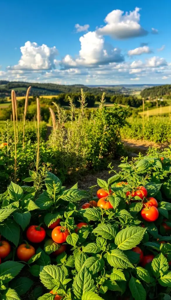 Seasonal timing garden, a lush and vibrant scene. In the foreground, a well-tended vegetable patch, with rows of leafy greens, plump tomatoes, and colorful peppers. In the middle ground, a flourishing herb garden, with fragrant rosemary, thyme, and basil swaying gently in the breeze. The background is a picturesque landscape, with rolling hills, a distant forest, and a clear blue sky with fluffy white clouds. The lighting is warm and golden, capturing the essence of the changing seasons. The overall mood is one of abundance, harmony, and a deep connection to the natural world. Seasonal timing garden, a lush and vibrant scene. In the foreground, a well-tended vegetable patch, with rows of leafy greens, plump tomatoes, and colorful peppers. In the middle ground, a flourishing herb garden, with fragrant rosemary, thyme, and basil swaying gently in the breeze. The background is a picturesque landscape, with rolling hills, a distant forest, and a clear blue sky with fluffy white clouds. The lighting is warm and golden, capturing the essence of the changing seasons. The overall mood is one of abundance, harmony, and a deep connection to the natural world.