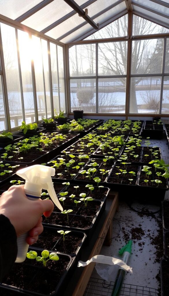 Seed starting: a cozy greenhouse filled with trays of sprouting vegetables, delicate seedlings reaching towards the warm sunlight filtering through the glass panes. In the foreground, a gardener's hands carefully tend to the young plants, using a spray bottle to mist the soil. Surrounding the greenhouse, a lush winter garden unfolds, with bare trees and a dusting of snow in the distance. The mood is one of anticipation and new growth, a vision of the bountiful harvest to come. Seed starting: a cozy greenhouse filled with trays of sprouting vegetables, delicate seedlings reaching towards the warm sunlight filtering through the glass panes. In the foreground, a gardener's hands carefully tend to the young plants, using a spray bottle to mist the soil. Surrounding the greenhouse, a lush winter garden unfolds, with bare trees and a dusting of snow in the distance. The mood is one of anticipation and new growth, a vision of the bountiful harvest to come.