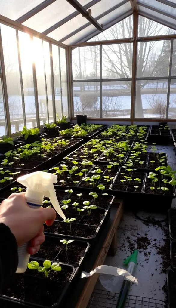 Seed starting: a cozy greenhouse filled with trays of sprouting vegetables, delicate seedlings reaching towards the warm sunlight filtering through the glass panes. In the foreground, a gardener's hands carefully tend to the young plants, using a spray bottle to mist the soil. Surrounding the greenhouse, a lush winter garden unfolds, with bare trees and a dusting of snow in the distance. The mood is one of anticipation and new growth, a vision of the bountiful harvest to come.