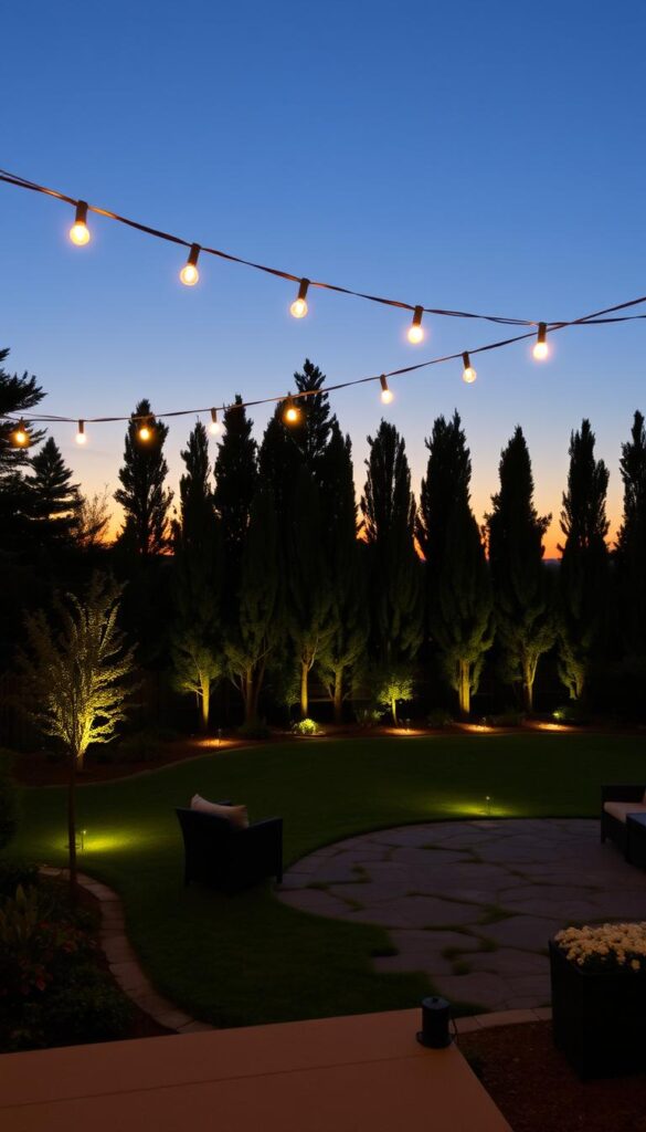 Serene evening landscape with a cozy outdoor space. A lush, well-manicured backyard with a stone patio and comfortable seating. Strings of warm, glowing string lights draped overhead, casting a soft, inviting ambiance. Strategically placed landscape lighting illuminates the borders of the yard, accentuating the natural foliage and creating depth. In the distance, a row of tall, swaying trees forms a natural backdrop, their silhouettes visible against a golden, sunset-painted sky. The overall scene exudes a sense of tranquility and an invitation to relax and unwind.