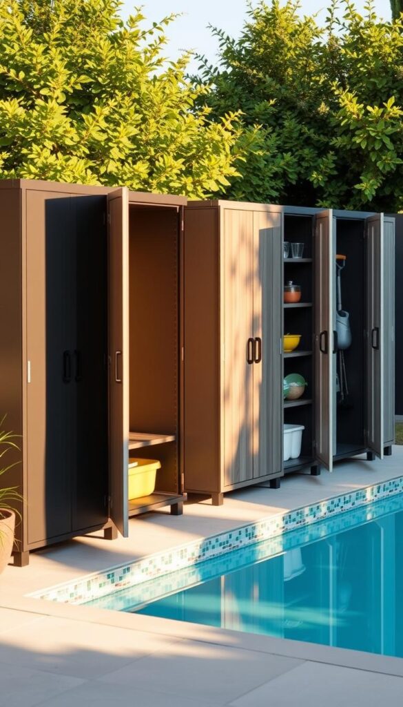 Sleek, modern outdoor storage cabinets made of durable weather-resistant materials like powder-coated steel or weathered wood. The cabinets are arranged in a neat, organized row, casting soft shadows in the warm afternoon sunlight. Featuring adjustable shelves and lockable doors, the cabinets provide ample storage space for gardening tools, pool supplies, and other outdoor essentials. The cabinets are set against a backdrop of lush greenery, complementing the natural surroundings. The overall scene conveys a sense of practicality and effortless style, perfectly suited for a small backyard oasis.