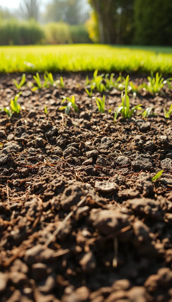 Soil compaction, a dense, heavily compressed earth, with roots struggling to penetrate the compact surface. A close-up view, illuminated by soft, natural lighting, revealing the intricate textures and patterns of the compressed soil. The foreground showcases the compact, dense earth, with hints of dried grass or debris peeking through. The middle ground transitions to a slightly looser, more porous soil structure, hinting at the need for aeration. In the background, a lush, vibrant lawn contrasts the compacted area, emphasizing the importance of addressing this issue for a healthy, thriving spring lawn. Soil compaction, a dense, heavily compressed earth, with roots struggling to penetrate the compact surface. A close-up view, illuminated by soft, natural lighting, revealing the intricate textures and patterns of the compressed soil. The foreground showcases the compact, dense earth, with hints of dried grass or debris peeking through. The middle ground transitions to a slightly looser, more porous soil structure, hinting at the need for aeration. In the background, a lush, vibrant lawn contrasts the compacted area, emphasizing the importance of addressing this issue for a healthy, thriving spring lawn.
