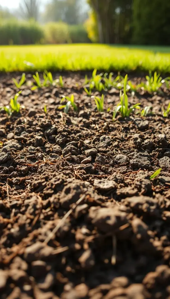 Soil compaction, a dense, heavily compressed earth, with roots struggling to penetrate the compact surface. A close-up view, illuminated by soft, natural lighting, revealing the intricate textures and patterns of the compressed soil. The foreground showcases the compact, dense earth, with hints of dried grass or debris peeking through. The middle ground transitions to a slightly looser, more porous soil structure, hinting at the need for aeration. In the background, a lush, vibrant lawn contrasts the compacted area, emphasizing the importance of addressing this issue for a healthy, thriving spring lawn. Soil compaction, a dense, heavily compressed earth, with roots struggling to penetrate the compact surface. A close-up view, illuminated by soft, natural lighting, revealing the intricate textures and patterns of the compressed soil. The foreground showcases the compact, dense earth, with hints of dried grass or debris peeking through. The middle ground transitions to a slightly looser, more porous soil structure, hinting at the need for aeration. In the background, a lush, vibrant lawn contrasts the compacted area, emphasizing the importance of addressing this issue for a healthy, thriving spring lawn.