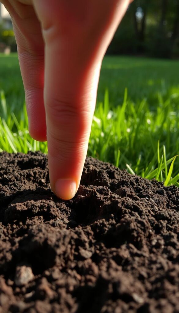 Soil monitoring: A close-up view of a hand gently probing rich, dark earth, revealing its texture and composition. Soft, natural lighting illuminates the scene, casting subtle shadows that accentuate the intricate patterns and structures within the soil. In the background, a verdant, lush lawn stretches out, hinting at the importance of understanding the health and composition of the underlying soil for effective natural pest control. Soil monitoring: A close-up view of a hand gently probing rich, dark earth, revealing its texture and composition. Soft, natural lighting illuminates the scene, casting subtle shadows that accentuate the intricate patterns and structures within the soil. In the background, a verdant, lush lawn stretches out, hinting at the importance of understanding the health and composition of the underlying soil for effective natural pest control.