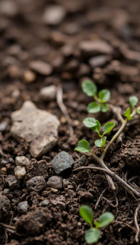 Soil samples in a natural, earthy setting. Close-up view of various soil textures and colors, with rocks, twigs, and organic matter visible. Soft, diffused lighting from above casts gentle shadows, highlighting the intricate details of the soil. The composition is balanced, with the soil samples occupying the foreground, surrounded by a blurred, out-of-focus background that suggests a natural, outdoor environment. The overall mood is one of scientific curiosity and attention to detail, inviting the viewer to closely examine the nuances of the soil and consider its importance.