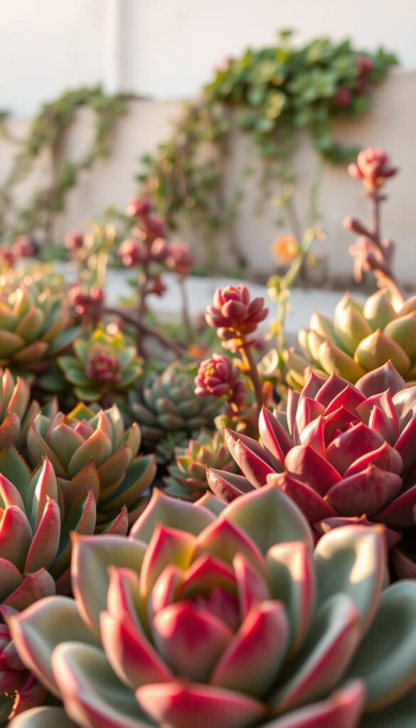 Succulent garden in warm afternoon light, close-up view of plump, vibrant rosettes in foreground, with soft focus on trailing vines and clusters in middle ground, all set against a clean, neutral background. Capture the textural details of the leaves, ranging from deep green to rich burgundy hues. Utilize a shallow depth of field to create a sense of depth and emphasize the focal point. Convey a tranquil, serene atmosphere that evokes the resilience and low-maintenance nature of these hardy plants.