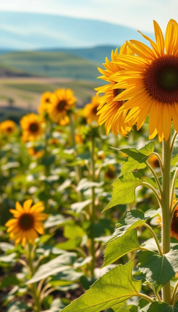 Sunflowers in a lush, verdant garden, basking in warm, golden sunlight. In the foreground, a cluster of vibrant blooms reach skyward, their cheerful petals unfurling. The middle ground features thriving plants, their sturdy stalks supporting the weight of the flowers. In the background, a softly blurred landscape, with rolling hills and a hazy blue sky. The scene conveys a sense of tranquility and nurturing care, highlighting the importance of providing the right conditions for sunflowers to thrive throughout the growing season. Sunflowers in a lush, verdant garden, basking in warm, golden sunlight. In the foreground, a cluster of vibrant blooms reach skyward, their cheerful petals unfurling. The middle ground features thriving plants, their sturdy stalks supporting the weight of the flowers. In the background, a softly blurred landscape, with rolling hills and a hazy blue sky. The scene conveys a sense of tranquility and nurturing care, highlighting the importance of providing the right conditions for sunflowers to thrive throughout the growing season.