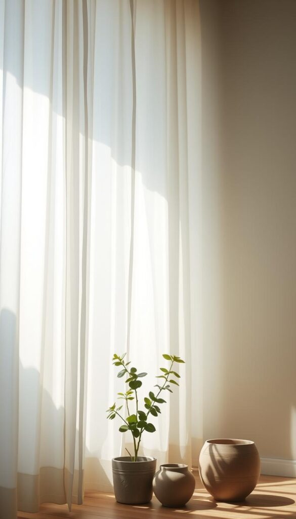 Sunlight filtering through a gossamer curtain, casting a soft, hazy glow across a minimalist room. Muted tones of natural wood and earthy ceramics create a serene, contemplative atmosphere. A potted plant thrives in the indirect illumination, its leaves gently swaying. The scene is captured from a low, angled perspective, emphasizing the tranquil, ethereal quality of the indirect light. Subtle shadows add depth and dimension, guiding the eye through the peaceful, uncluttered space.