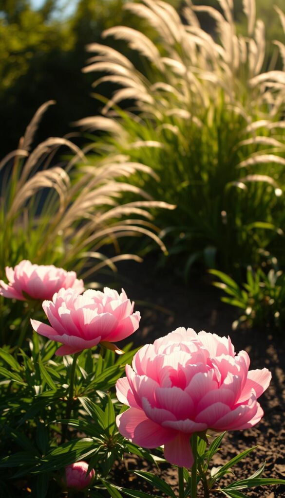 Sunlit garden scene with lush, vibrant peonies in the foreground. Delicate petals illuminated by warm, golden afternoon light. Dappled shadows dance across the rich, loamy soil. Wispy, soft-focus background of swaying grasses and verdant foliage, creating an airy, open atmosphere. Gentle breeze rustles the peony stems, adding a sense of movement and life. Elevated, three-quarter angle view to showcase the peonies' splendor and the harmonious interplay of sunlight, soil, and air. Muted, earthy color palette with pops of vibrant pink to emphasize the peonies' natural beauty.