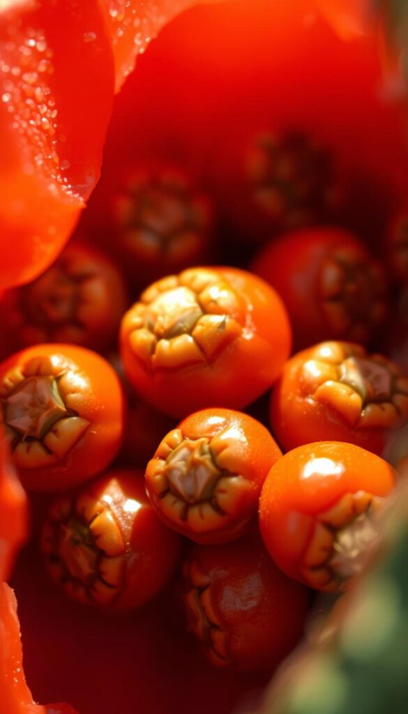 Tomato seeds, glistening and plump, nestled within the flesh of a ripe, scarlet fruit. The seeds are captured in sharp focus, their intricate patterns and subtle variations in color and texture revealed in crisp detail. The background is softly blurred, allowing the seeds to take center stage, illuminated by warm, natural lighting from an angle that casts gentle shadows, emphasizing their three-dimensional forms. The overall mood is one of quiet contemplation, inviting the viewer to appreciate the beauty and potential of these small, but essential, components of the gardening cycle. Tomato seeds, glistening and plump, nestled within the flesh of a ripe, scarlet fruit. The seeds are captured in sharp focus, their intricate patterns and subtle variations in color and texture revealed in crisp detail. The background is softly blurred, allowing the seeds to take center stage, illuminated by warm, natural lighting from an angle that casts gentle shadows, emphasizing their three-dimensional forms. The overall mood is one of quiet contemplation, inviting the viewer to appreciate the beauty and potential of these small, but essential, components of the gardening cycle.
