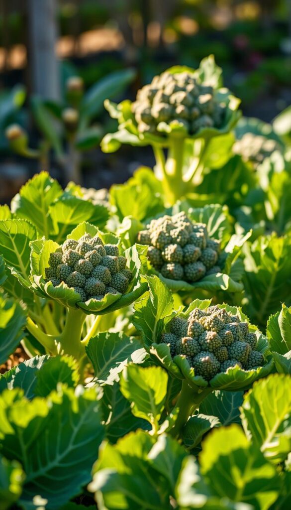 Verdant broccoli and cauliflower plants thriving in a sunlit spring garden. Lush, leafy brassicas with large, dense heads emerging from thick, sturdy stalks. Broad, serrated leaves in shades of deep green and purple-tinged hues, gently swaying in a soft breeze. The scene is bathed in warm, golden light, creating an inviting, almost glowing atmosphere. A crisp, clean and natural look, captured with a wide-angle lens to showcase the plants in their full glory, with the background blurred to keep the focus on the healthy, vibrant produce.