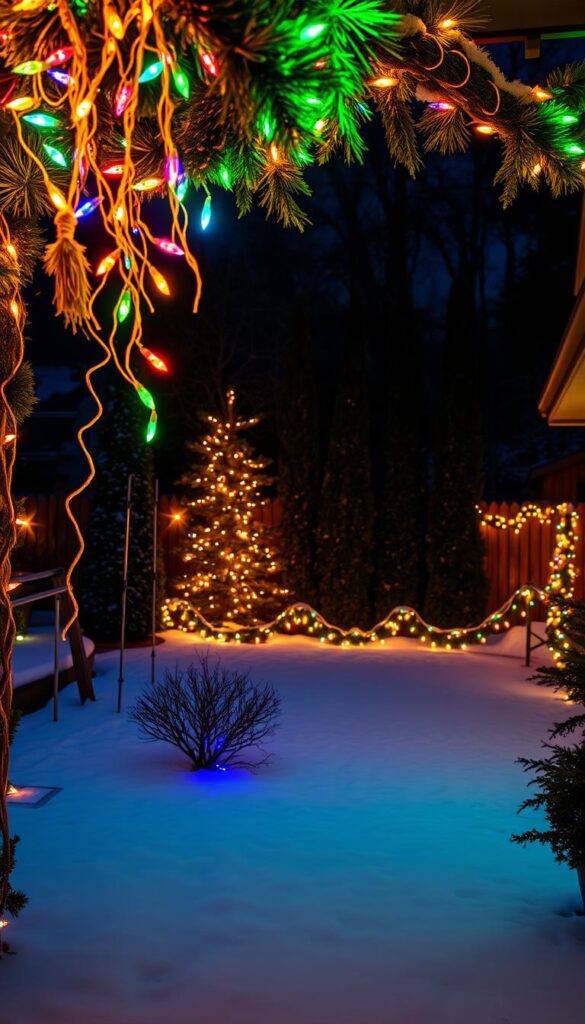 Vibrant Christmas lights elegantly draped across a lush, snow-dusted backyard, creating a warm, festive atmosphere. In the foreground, a cluster of colorful string lights cascading down a wreath-adorned arbor, casting a soft, magical glow. In the middle ground, a row of tall evergreen trees, their branches laden with twinkling lights, standing tall and proud. In the distance, a cozy wooden fence lined with a garland of lights, inviting guests to bask in the holiday cheer. The scene is illuminated by a combination of soft, ambient lighting and the captivating sparkle of the Christmas lights, capturing the essence of a truly magical winter wonderland.