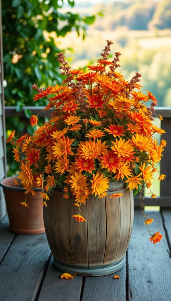 Vibrant autumn foliage spilling out of a rustic wooden container, the colors a warm blend of oranges, reds, and golden yellows. The container is positioned on a weathered wooden porch or patio, with a backdrop of lush green foliage and a softly blurred natural landscape. Gentle natural lighting casts a cozy, inviting glow, accentuating the rich hues of the fall flowers and foliage. The composition is balanced, with the container serving as the focal point, drawing the viewer's eye and conveying the essence of a charming autumnal display. Vibrant autumn foliage spilling out of a rustic wooden container, the colors a warm blend of oranges, reds, and golden yellows. The container is positioned on a weathered wooden porch or patio, with a backdrop of lush green foliage and a softly blurred natural landscape. Gentle natural lighting casts a cozy, inviting glow, accentuating the rich hues of the fall flowers and foliage. The composition is balanced, with the container serving as the focal point, drawing the viewer's eye and conveying the essence of a charming autumnal display.