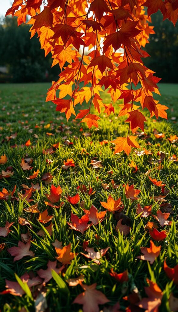 Vibrant autumn leaves, shimmering in the soft golden light. A picturesque scene of varied hues - crimson, amber, and ochre - cascading across a lush, verdant lawn. Delicate foliage dances in a gentle breeze, creating a natural tapestry of color and movement. The scene is captured through a wide-angle lens, providing a sweeping perspective that showcases the interplay between the fallen leaves and the underlying grass. The overall mood is one of tranquility and natural beauty, inviting the viewer to appreciate the changing of the seasons and the importance of managing lawn debris to maintain a healthy, thriving lawn. Vibrant autumn leaves, shimmering in the soft golden light. A picturesque scene of varied hues - crimson, amber, and ochre - cascading across a lush, verdant lawn. Delicate foliage dances in a gentle breeze, creating a natural tapestry of color and movement. The scene is captured through a wide-angle lens, providing a sweeping perspective that showcases the interplay between the fallen leaves and the underlying grass. The overall mood is one of tranquility and natural beauty, inviting the viewer to appreciate the changing of the seasons and the importance of managing lawn debris to maintain a healthy, thriving lawn.