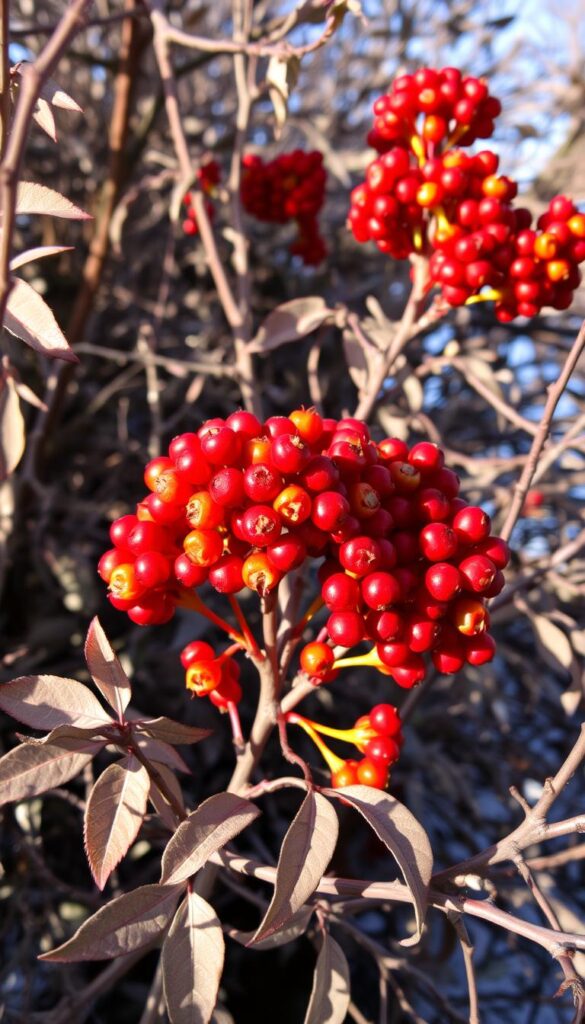 Vibrant clusters of berries, their stems ablaze with hues of crimson and gold, standing out against a backdrop of muted winter foliage. Delicate leaves and twigs frame the lush, jewel-toned display, creating a captivating composition. The scene is illuminated by soft, natural light, casting gentle shadows and enhancing the depth and dimensionality of the subjects. Capture the essence of the season's transition, where the promise of spring is hinted at through the resilience and beauty of these resilient plant forms.