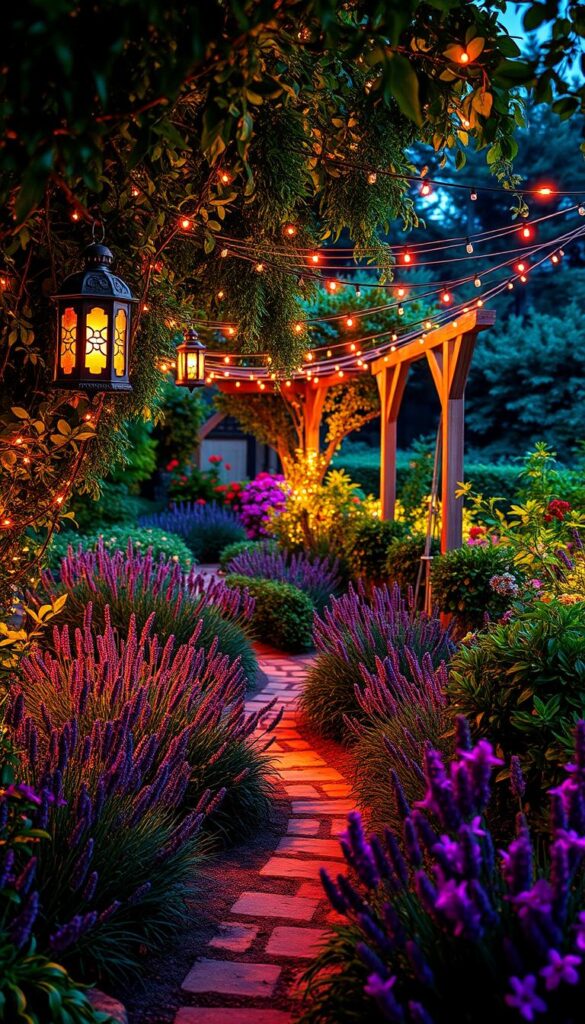 Vibrant color palettes dance across a lush garden at twilight. Soft pools of warm amber and fuchsia light spill from ornate lanterns, casting a cozy glow over the verdant foliage. Delicate string lights twinkle overhead, creating a whimsical canopy that highlights the textures of the flowers and foliage. Plush beds of fragrant lavender, rosemary, and jasmine line the meandering garden paths, their silhouettes illuminated by the gentle, diffuse lighting. The overall scene evokes a sense of enchantment and festive holiday cheer, perfectly suited to highlight the garden's natural beauty. Vibrant color palettes dance across a lush garden at twilight. Soft pools of warm amber and fuchsia light spill from ornate lanterns, casting a cozy glow over the verdant foliage. Delicate string lights twinkle overhead, creating a whimsical canopy that highlights the textures of the flowers and foliage. Plush beds of fragrant lavender, rosemary, and jasmine line the meandering garden paths, their silhouettes illuminated by the gentle, diffuse lighting. The overall scene evokes a sense of enchantment and festive holiday cheer, perfectly suited to highlight the garden's natural beauty.