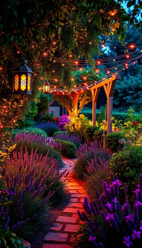 Vibrant color palettes dance across a lush garden at twilight. Soft pools of warm amber and fuchsia light spill from ornate lanterns, casting a cozy glow over the verdant foliage. Delicate string lights twinkle overhead, creating a whimsical canopy that highlights the textures of the flowers and foliage. Plush beds of fragrant lavender, rosemary, and jasmine line the meandering garden paths, their silhouettes illuminated by the gentle, diffuse lighting. The overall scene evokes a sense of enchantment and festive holiday cheer, perfectly suited to highlight the garden's natural beauty. Vibrant color palettes dance across a lush garden at twilight. Soft pools of warm amber and fuchsia light spill from ornate lanterns, casting a cozy glow over the verdant foliage. Delicate string lights twinkle overhead, creating a whimsical canopy that highlights the textures of the flowers and foliage. Plush beds of fragrant lavender, rosemary, and jasmine line the meandering garden paths, their silhouettes illuminated by the gentle, diffuse lighting. The overall scene evokes a sense of enchantment and festive holiday cheer, perfectly suited to highlight the garden's natural beauty.