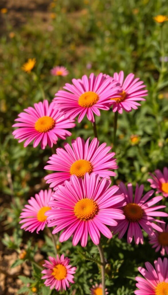Vibrant daisy-like flowers in full bloom, their delicate petals radiating outward from a central golden disk. The flowers are set against a soft, hazy background, with hints of greenery in the middle ground to provide depth and context. Warm, natural lighting bathes the scene, casting gentle shadows and highlights that accentuate the flowers' intricate textures and forms. The composition is balanced, with the flowers positioned to draw the viewer's eye and convey a sense of late-season abundance and cheer. An idyllic, uplifting scene that captures the essence of fall-blooming, daisy-like flowers brightening beds and borders. Vibrant daisy-like flowers in full bloom, their delicate petals radiating outward from a central golden disk. The flowers are set against a soft, hazy background, with hints of greenery in the middle ground to provide depth and context. Warm, natural lighting bathes the scene, casting gentle shadows and highlights that accentuate the flowers' intricate textures and forms. The composition is balanced, with the flowers positioned to draw the viewer's eye and convey a sense of late-season abundance and cheer. An idyllic, uplifting scene that captures the essence of fall-blooming, daisy-like flowers brightening beds and borders.