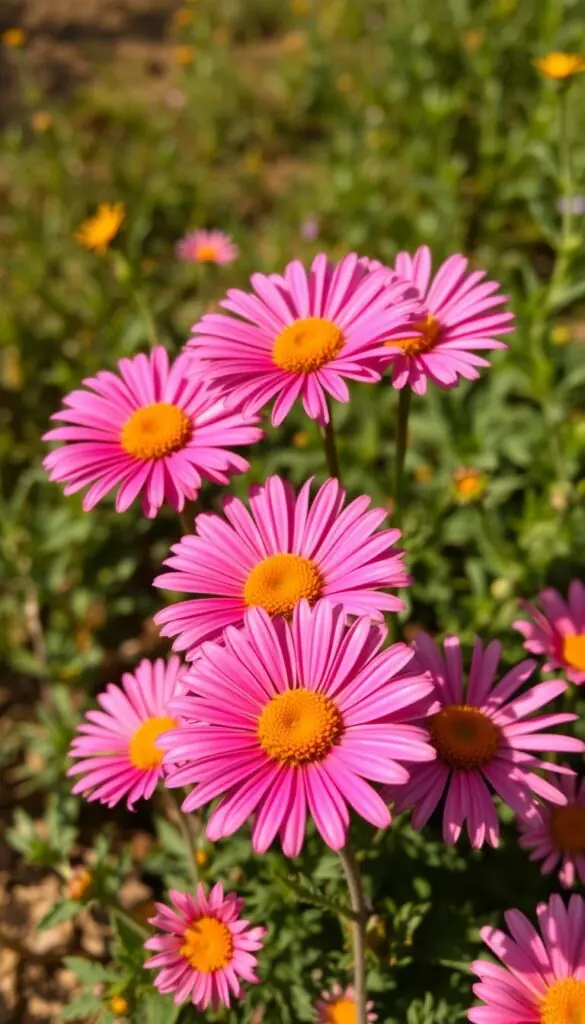 Vibrant daisy-like flowers in full bloom, their delicate petals radiating outward from a central golden disk. The flowers are set against a soft, hazy background, with hints of greenery in the middle ground to provide depth and context. Warm, natural lighting bathes the scene, casting gentle shadows and highlights that accentuate the flowers' intricate textures and forms. The composition is balanced, with the flowers positioned to draw the viewer's eye and convey a sense of late-season abundance and cheer. An idyllic, uplifting scene that captures the essence of fall-blooming, daisy-like flowers brightening beds and borders. Vibrant daisy-like flowers in full bloom, their delicate petals radiating outward from a central golden disk. The flowers are set against a soft, hazy background, with hints of greenery in the middle ground to provide depth and context. Warm, natural lighting bathes the scene, casting gentle shadows and highlights that accentuate the flowers' intricate textures and forms. The composition is balanced, with the flowers positioned to draw the viewer's eye and convey a sense of late-season abundance and cheer. An idyllic, uplifting scene that captures the essence of fall-blooming, daisy-like flowers brightening beds and borders.