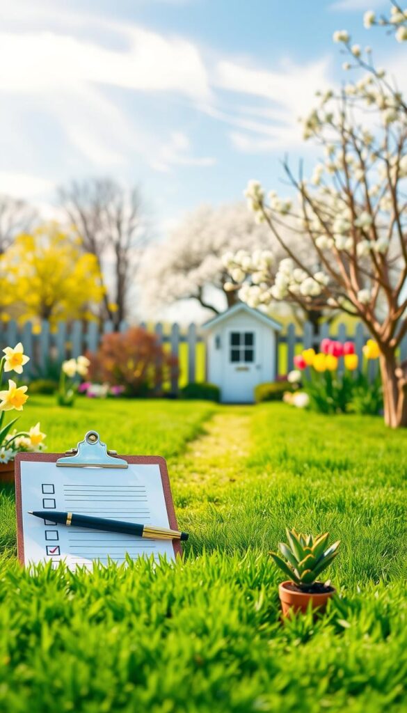 Vibrant early spring landscape, a verdant lawn with budding flowers and trees, soft natural lighting filters through wispy clouds. In the foreground, a checklist clipboard with a pen, a gardening trowel, and a small potted plant. The middle ground features a path leading to a quaint garden shed, surrounded by blooming daffodils and tulips. In the distance, a picket fence frames a budding cherry tree, hinting at the seasonal transition. The overall mood is one of fresh renewal and anticipation, inviting the viewer to embark on their own spring lawn preparation journey. Vibrant early spring landscape, a verdant lawn with budding flowers and trees, soft natural lighting filters through wispy clouds. In the foreground, a checklist clipboard with a pen, a gardening trowel, and a small potted plant. The middle ground features a path leading to a quaint garden shed, surrounded by blooming daffodils and tulips. In the distance, a picket fence frames a budding cherry tree, hinting at the seasonal transition. The overall mood is one of fresh renewal and anticipation, inviting the viewer to embark on their own spring lawn preparation journey.