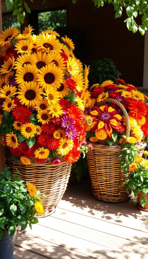 Vibrant full sun blooms bursting forth from woven baskets, overflowing with lush petals in a spectrum of warm hues - golden sunflowers, fiery zinnias, and velvety marigolds. Dappled natural light casts a gentle glow, accentuating the intricate textures and radiant colors. The baskets are arranged artfully on a rustic wooden patio, surrounded by verdant potted plants that create a welcoming, summery oasis. A sense of abundance and cheerful vitality pervades the scene, inviting the viewer to bask in the beauty of these bountiful, sun-drenched florals. Vibrant full sun blooms bursting forth from woven baskets, overflowing with lush petals in a spectrum of warm hues - golden sunflowers, fiery zinnias, and velvety marigolds. Dappled natural light casts a gentle glow, accentuating the intricate textures and radiant colors. The baskets are arranged artfully on a rustic wooden patio, surrounded by verdant potted plants that create a welcoming, summery oasis. A sense of abundance and cheerful vitality pervades the scene, inviting the viewer to bask in the beauty of these bountiful, sun-drenched florals.