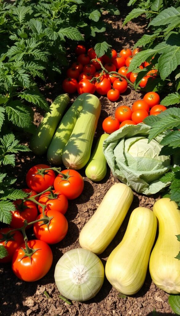 Vibrant garden scene showcasing fresh tomatoes, squash, and cabbages arranged in a grid-like pattern, framed by lush greenery and natural light. The produce appears ripe and healthy, casting dynamic shadows on the soil below. A sense of control and organization pervades the composition, hinting at the careful cultivation methods used. The image conveys a serene, earthy atmosphere, ideal for illustrating tips on managing a thriving vegetable garden. Vibrant garden scene showcasing fresh tomatoes, squash, and cabbages arranged in a grid-like pattern, framed by lush greenery and natural light. The produce appears ripe and healthy, casting dynamic shadows on the soil below. A sense of control and organization pervades the composition, hinting at the careful cultivation methods used. The image conveys a serene, earthy atmosphere, ideal for illustrating tips on managing a thriving vegetable garden.