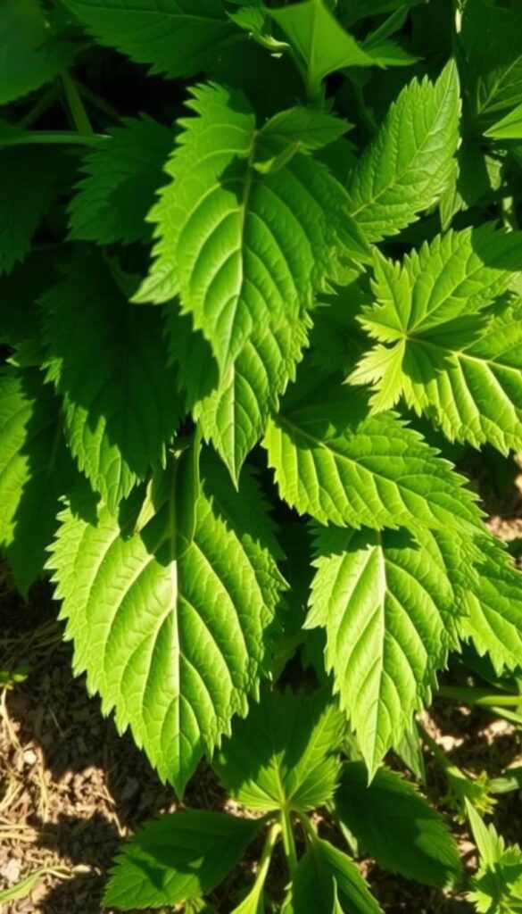Vibrant green leaves, each with intricate veins and serrated edges, casting delicate shadows on a soft, diffused background. The leaves are arranged in a natural, organic composition, capturing the essence of a healthy, lush lawn. The lighting is natural, with a warm, golden hue filtering through, creating a serene and inviting atmosphere. The camera angle is slightly elevated, offering a clear and detailed view of the foliage, allowing the viewer to appreciate the beauty and diversity of the lawn's vegetation. This image serves as a visual guide to recognizing common lawn weeds before they spread, showcasing the distinct characteristics of healthy, desirable plants.
