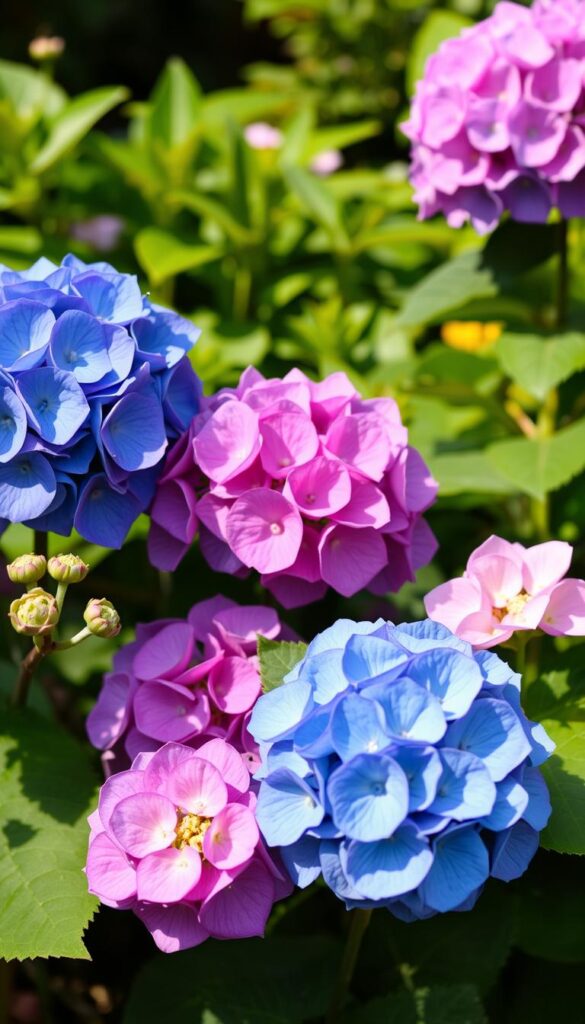 Vibrant hydrangea blooms in various shades of blue, pink, and purple, showcasing their seasonal transformation throughout the year. A lush, verdant garden backdrop with a hint of sunlight filtering through the foliage. The blooms are captured in different stages of growth, from budding to fully opened, representing the cyclical nature of hydrangea care. Warm, natural lighting illuminates the delicate petals, creating a sense of depth and dimensionality. The overall composition is balanced and visually appealing, inviting the viewer to appreciate the beauty and nuances of hydrangea cultivation. Vibrant hydrangea blooms in various shades of blue, pink, and purple, showcasing their seasonal transformation throughout the year. A lush, verdant garden backdrop with a hint of sunlight filtering through the foliage. The blooms are captured in different stages of growth, from budding to fully opened, representing the cyclical nature of hydrangea care. Warm, natural lighting illuminates the delicate petals, creating a sense of depth and dimensionality. The overall composition is balanced and visually appealing, inviting the viewer to appreciate the beauty and nuances of hydrangea cultivation.