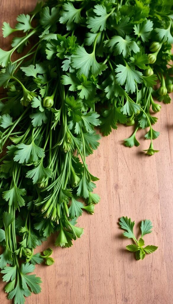 Vibrant, lush arrangement of fresh early spring herbs - cilantro, chives, parsley, and mint - sprawling across a rustic wooden surface. Soft, diffused natural lighting illuminates the delicate leaves and stems, casting gentle shadows. The herbs are posed in an organic, effortless manner, highlighting their individual textures and vibrant greens. A sense of abundance and vitality pervades the scene, capturing the essence of cool-season champions ready to grace the kitchen and garden. Camera angle slightly elevated to showcase the dynamic composition and bountiful display of these versatile, flavorful plants.
