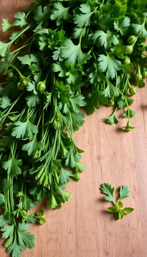 Vibrant, lush arrangement of fresh early spring herbs - cilantro, chives, parsley, and mint - sprawling across a rustic wooden surface. Soft, diffused natural lighting illuminates the delicate leaves and stems, casting gentle shadows. The herbs are posed in an organic, effortless manner, highlighting their individual textures and vibrant greens. A sense of abundance and vitality pervades the scene, capturing the essence of cool-season champions ready to grace the kitchen and garden. Camera angle slightly elevated to showcase the dynamic composition and bountiful display of these versatile, flavorful plants. Vibrant, lush arrangement of fresh early spring herbs - cilantro, chives, parsley, and mint - sprawling across a rustic wooden surface. Soft, diffused natural lighting illuminates the delicate leaves and stems, casting gentle shadows. The herbs are posed in an organic, effortless manner, highlighting their individual textures and vibrant greens. A sense of abundance and vitality pervades the scene, capturing the essence of cool-season champions ready to grace the kitchen and garden. Camera angle slightly elevated to showcase the dynamic composition and bountiful display of these versatile, flavorful plants.