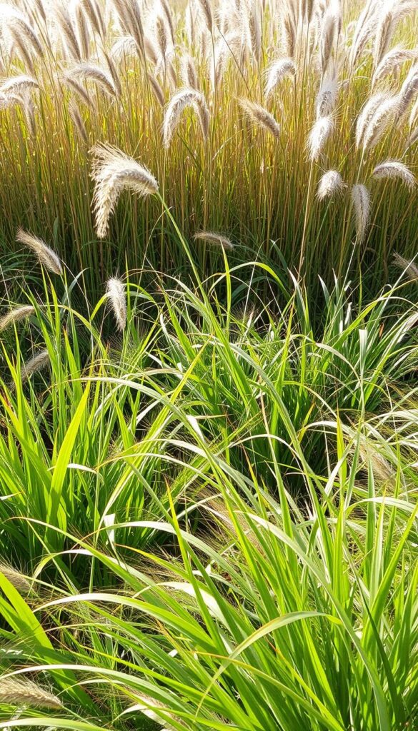 Vibrant, lush cool-season grasses sway gently in the foreground, their blades a verdant green hue. Behind them, the contrasting warm-season grasses stand tall, their golden-brown tones catching the warm rays of the sun. In the middle ground, the two grass types intermingle, creating a visually striking tapestry of textures and colors. The scene is bathed in soft, natural lighting, casting long shadows and highlighting the subtle variations in the grass blades. The overall composition conveys a sense of balance and harmony between the two distinct grass types, reflecting their differences yet complementary nature. Vibrant, lush cool-season grasses sway gently in the foreground, their blades a verdant green hue. Behind them, the contrasting warm-season grasses stand tall, their golden-brown tones catching the warm rays of the sun. In the middle ground, the two grass types intermingle, creating a visually striking tapestry of textures and colors. The scene is bathed in soft, natural lighting, casting long shadows and highlighting the subtle variations in the grass blades. The overall composition conveys a sense of balance and harmony between the two distinct grass types, reflecting their differences yet complementary nature.