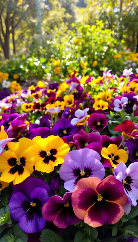 Vibrant pansies and violas in full bloom, their delicate petals unfurling in the soft autumn light. A lush, textured foreground with overlapping blooms in a rainbow of hues - deep purple, sunny yellow, rich burgundy, and soft lavender. The middle ground features a naturalistic garden setting, with verdant foliage providing a verdant backdrop. Dappled sunlight filters through the scene, casting gentle shadows and highlights that create depth and dimension. An overall mood of fresh, carefree charm and resilient beauty, capturing the essence of cool-season flowers thriving in the transitional autumn landscape. Vibrant pansies and violas in full bloom, their delicate petals unfurling in the soft autumn light. A lush, textured foreground with overlapping blooms in a rainbow of hues - deep purple, sunny yellow, rich burgundy, and soft lavender. The middle ground features a naturalistic garden setting, with verdant foliage providing a verdant backdrop. Dappled sunlight filters through the scene, casting gentle shadows and highlights that create depth and dimension. An overall mood of fresh, carefree charm and resilient beauty, capturing the essence of cool-season flowers thriving in the transitional autumn landscape.