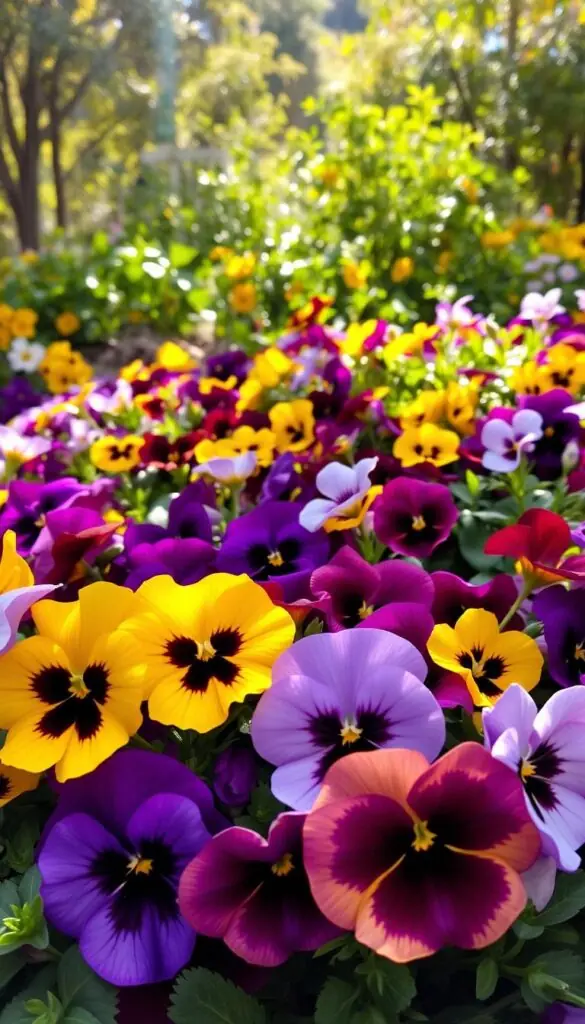 Vibrant pansies and violas in full bloom, their delicate petals unfurling in the soft autumn light. A lush, textured foreground with overlapping blooms in a rainbow of hues - deep purple, sunny yellow, rich burgundy, and soft lavender. The middle ground features a naturalistic garden setting, with verdant foliage providing a verdant backdrop. Dappled sunlight filters through the scene, casting gentle shadows and highlights that create depth and dimension. An overall mood of fresh, carefree charm and resilient beauty, capturing the essence of cool-season flowers thriving in the transitional autumn landscape. Vibrant pansies and violas in full bloom, their delicate petals unfurling in the soft autumn light. A lush, textured foreground with overlapping blooms in a rainbow of hues - deep purple, sunny yellow, rich burgundy, and soft lavender. The middle ground features a naturalistic garden setting, with verdant foliage providing a verdant backdrop. Dappled sunlight filters through the scene, casting gentle shadows and highlights that create depth and dimension. An overall mood of fresh, carefree charm and resilient beauty, capturing the essence of cool-season flowers thriving in the transitional autumn landscape.