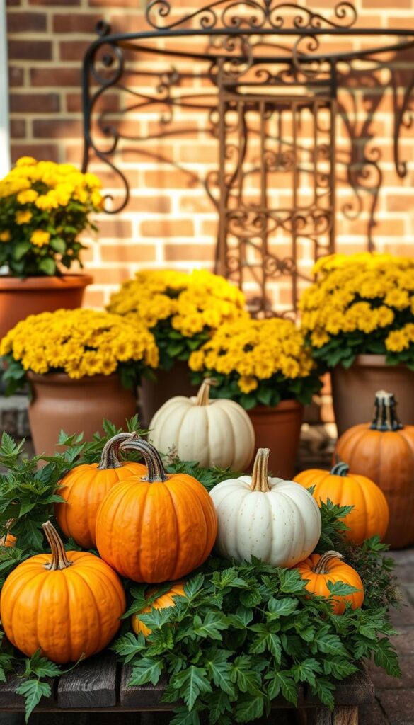 Vibrant pumpkins and mums arranged in a cozy fall patio scene. In the foreground, a variety of orange, white, and striped pumpkins sit atop a rustic wooden table, surrounded by lush green foliage. In the middle ground, clusters of cheerful yellow mums in terracotta planters accent the scene, casting warm shadows. The background features a brick wall with a wrought-iron trellis, creating a charming, intimate atmosphere. Soft, directional lighting from above casts a golden glow, enhancing the autumnal palette. The overall composition evokes a sense of seasonal comfort and welcoming. Vibrant pumpkins and mums arranged in a cozy fall patio scene. In the foreground, a variety of orange, white, and striped pumpkins sit atop a rustic wooden table, surrounded by lush green foliage. In the middle ground, clusters of cheerful yellow mums in terracotta planters accent the scene, casting warm shadows. The background features a brick wall with a wrought-iron trellis, creating a charming, intimate atmosphere. Soft, directional lighting from above casts a golden glow, enhancing the autumnal palette. The overall composition evokes a sense of seasonal comfort and welcoming.