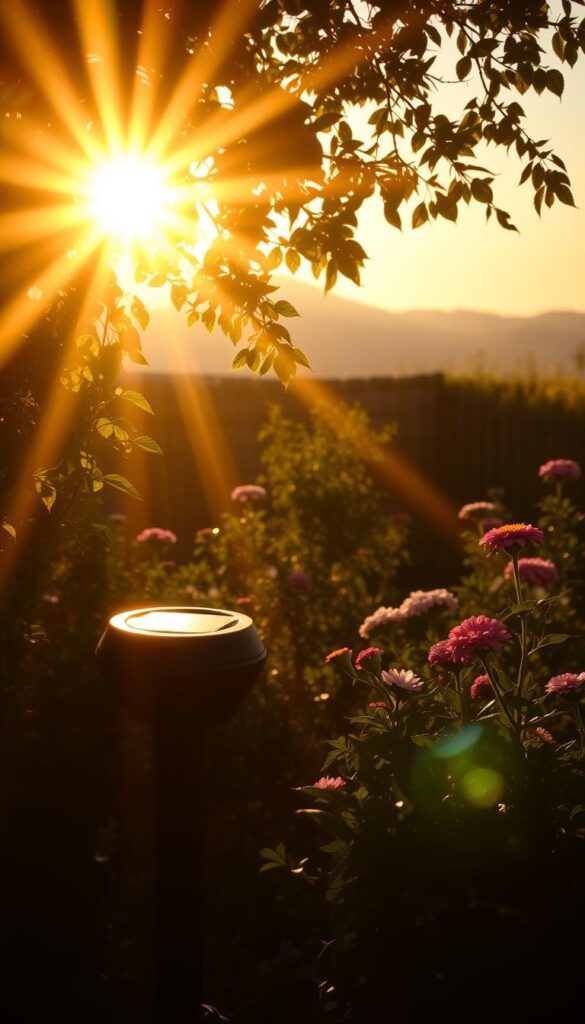 Vibrant solar light cascading across a serene backyard scene. A warm, golden glow illuminates lush foliage and flowers, casting a radiant ambiance. Sunbeams filter through delicate petals, creating a dreamlike, ethereal atmosphere. In the foreground, a well-placed solar light fixture emits a soft, diffused luminescence, gently painting the surrounding landscape. Shadows dance and flicker, adding depth and dimension to the composition. The middle ground features a variety of colorful blooms and verdant plants, basking in the solar glow. A subtle, hazy horizon line in the background sets the stage for this tranquil, sun-drenched tableau.