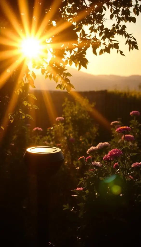 Vibrant solar light cascading across a serene backyard scene. A warm, golden glow illuminates lush foliage and flowers, casting a radiant ambiance. Sunbeams filter through delicate petals, creating a dreamlike, ethereal atmosphere. In the foreground, a well-placed solar light fixture emits a soft, diffused luminescence, gently painting the surrounding landscape. Shadows dance and flicker, adding depth and dimension to the composition. The middle ground features a variety of colorful blooms and verdant plants, basking in the solar glow. A subtle, hazy horizon line in the background sets the stage for this tranquil, sun-drenched tableau.