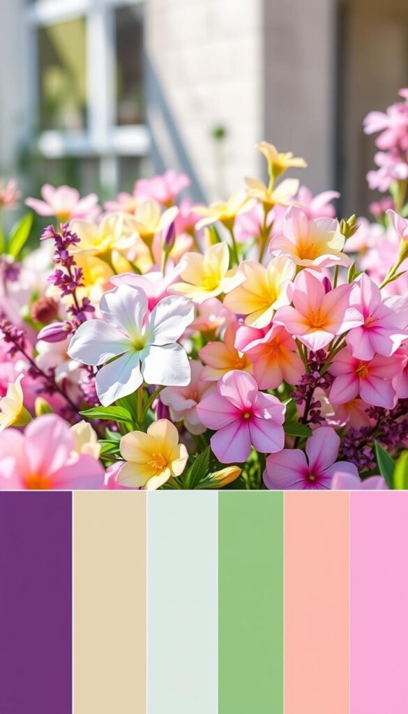 Vibrant spring color palette, featuring a lush arrangement of blooming flowers and foliage. Soft natural lighting illuminates the scene, casting gentle shadows and highlights. The palette includes a harmonious blend of pastel hues, such as soft pinks, lavenders, and mint greens, alongside pops of bolder colors like sunny yellows and deep purples. The composition features the flowers and leaves in the foreground, with a blurred background providing a sense of depth and focus. The overall mood is one of freshness, renewal, and the embrace of the spring season. Vibrant spring color palette, featuring a lush arrangement of blooming flowers and foliage. Soft natural lighting illuminates the scene, casting gentle shadows and highlights. The palette includes a harmonious blend of pastel hues, such as soft pinks, lavenders, and mint greens, alongside pops of bolder colors like sunny yellows and deep purples. The composition features the flowers and leaves in the foreground, with a blurred background providing a sense of depth and focus. The overall mood is one of freshness, renewal, and the embrace of the spring season.
