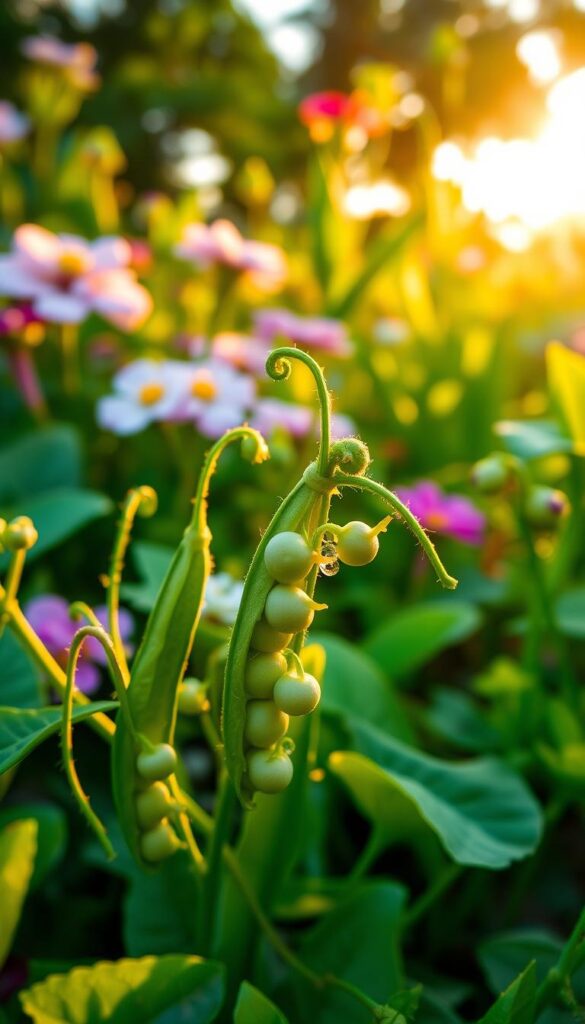 Vibrant spring peas bursting forth from lush green vines, illuminated by warm, golden sunlight filtering through a softly blurred background of blooming flowers and verdant foliage. The pea pods glisten with morning dew, their emerald hues a testament to the season's bounty. The camera angle captures the peas at eye level, inviting the viewer to savor their freshness and anticipate their crisp, sweet flavor. A sense of natural abundance and simple pleasures pervades the scene, conveying the joy of cool-season gardening and the bountiful harvest to come. Vibrant spring peas bursting forth from lush green vines, illuminated by warm, golden sunlight filtering through a softly blurred background of blooming flowers and verdant foliage. The pea pods glisten with morning dew, their emerald hues a testament to the season's bounty. The camera angle captures the peas at eye level, inviting the viewer to savor their freshness and anticipate their crisp, sweet flavor. A sense of natural abundance and simple pleasures pervades the scene, conveying the joy of cool-season gardening and the bountiful harvest to come.