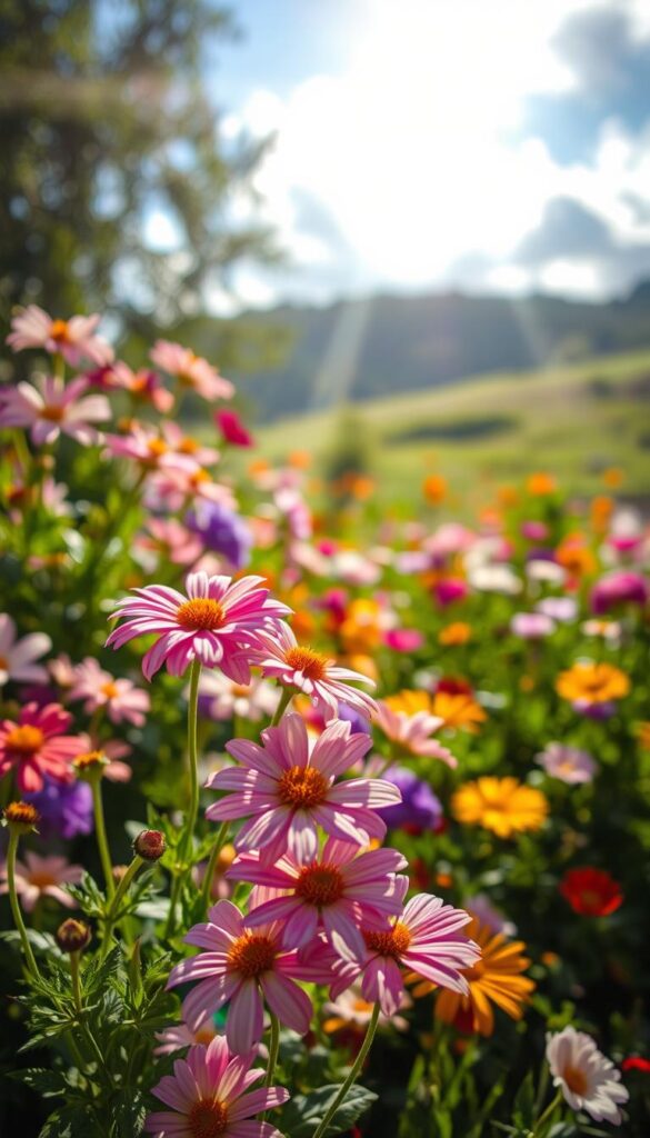 Vibrant summer flowers basking in the warm sunlight, their petals gently swaying in a light breeze. A lush, verdant garden setting with a variety of blooms - from delicate pastel shades to bold, saturated hues. Soft, diffused lighting filters through wispy clouds, creating a glowing, ethereal atmosphere. The foreground features a cluster of sun-dappled flowers, their faces turned upwards, while the middle ground showcases a diverse array of complementary floral species. In the background, a blurred, dreamlike landscape hints at the broader scene. Captured with a shallow depth of field, drawing the viewer's eye to the focal point of the sun-protected blossoms.
