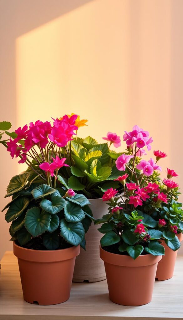 Vibrant winter bloomers in a cozy indoor scene. A lush arrangement of cyclamen, Christmas cactus, and kalanchoe in terracotta pots, backlit by warm, diffused lighting. The plants are set against a neutral, minimalist background, allowing their colorful flowers to take center stage. Soft, hazy shadows add depth and dimension. The overall mood is one of tranquility and natural beauty, capturing the quiet charm of these resilient, winter-flowering houseplants.