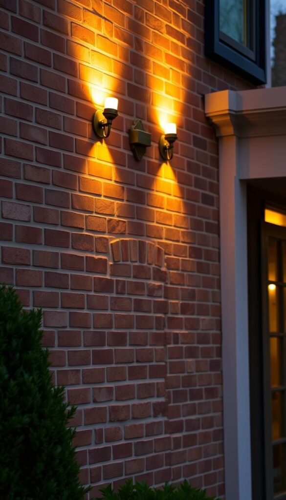 Warm, inviting outdoor wall lights that cast a golden glow on a stately brick façade. Elegant sconces with antique brass fixtures mounted in symmetrical arrangement, illuminating the entryway with a soft, ambient light. Minimalist yet sophisticated design, with clean lines and a subtle decorative touch. The lighting creates a welcoming atmosphere, highlighting the architectural details and textures of the home's exterior. Captured with a wide-angle lens to showcase the full scene, the image conveys a sense of cozy, sophisticated charm perfect for a high-end home feature. Warm, inviting outdoor wall lights that cast a golden glow on a stately brick façade. Elegant sconces with antique brass fixtures mounted in symmetrical arrangement, illuminating the entryway with a soft, ambient light. Minimalist yet sophisticated design, with clean lines and a subtle decorative touch. The lighting creates a welcoming atmosphere, highlighting the architectural details and textures of the home's exterior. Captured with a wide-angle lens to showcase the full scene, the image conveys a sense of cozy, sophisticated charm perfect for a high-end home feature.