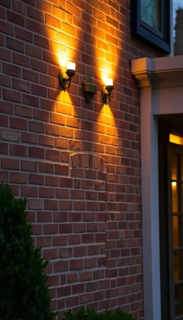 Warm, inviting outdoor wall lights that cast a golden glow on a stately brick façade. Elegant sconces with antique brass fixtures mounted in symmetrical arrangement, illuminating the entryway with a soft, ambient light. Minimalist yet sophisticated design, with clean lines and a subtle decorative touch. The lighting creates a welcoming atmosphere, highlighting the architectural details and textures of the home's exterior. Captured with a wide-angle lens to showcase the full scene, the image conveys a sense of cozy, sophisticated charm perfect for a high-end home feature. Warm, inviting outdoor wall lights that cast a golden glow on a stately brick façade. Elegant sconces with antique brass fixtures mounted in symmetrical arrangement, illuminating the entryway with a soft, ambient light. Minimalist yet sophisticated design, with clean lines and a subtle decorative touch. The lighting creates a welcoming atmosphere, highlighting the architectural details and textures of the home's exterior. Captured with a wide-angle lens to showcase the full scene, the image conveys a sense of cozy, sophisticated charm perfect for a high-end home feature.
