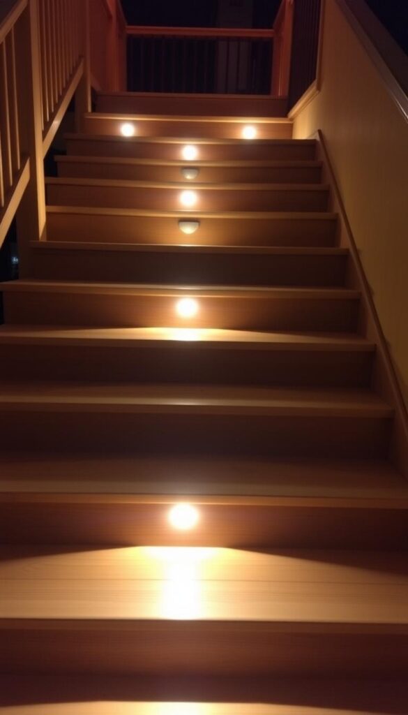 Warm, soft lighting illuminates a set of wooden steps leading up to a raised deck. The steps are lined with subtle, recessed step lights that cast a gentle glow, providing a safe and inviting path. The step lights are evenly spaced, creating a rhythmic pattern that guides the eye upward. The wood grain and texture are visible, adding a natural, earthy feel. The deck above is partially obscured, hinting at a cozy, outdoor living space. The overall scene conveys a sense of welcoming ambiance and careful attention to detail, perfect for a tranquil outdoor setting. Warm, soft lighting illuminates a set of wooden steps leading up to a raised deck. The steps are lined with subtle, recessed step lights that cast a gentle glow, providing a safe and inviting path. The step lights are evenly spaced, creating a rhythmic pattern that guides the eye upward. The wood grain and texture are visible, adding a natural, earthy feel. The deck above is partially obscured, hinting at a cozy, outdoor living space. The overall scene conveys a sense of welcoming ambiance and careful attention to detail, perfect for a tranquil outdoor setting.