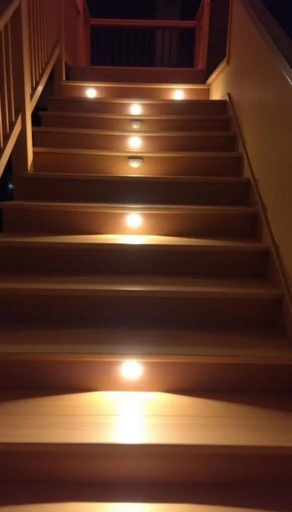 Warm, soft lighting illuminates a set of wooden steps leading up to a raised deck. The steps are lined with subtle, recessed step lights that cast a gentle glow, providing a safe and inviting path. The step lights are evenly spaced, creating a rhythmic pattern that guides the eye upward. The wood grain and texture are visible, adding a natural, earthy feel. The deck above is partially obscured, hinting at a cozy, outdoor living space. The overall scene conveys a sense of welcoming ambiance and careful attention to detail, perfect for a tranquil outdoor setting. Warm, soft lighting illuminates a set of wooden steps leading up to a raised deck. The steps are lined with subtle, recessed step lights that cast a gentle glow, providing a safe and inviting path. The step lights are evenly spaced, creating a rhythmic pattern that guides the eye upward. The wood grain and texture are visible, adding a natural, earthy feel. The deck above is partially obscured, hinting at a cozy, outdoor living space. The overall scene conveys a sense of welcoming ambiance and careful attention to detail, perfect for a tranquil outdoor setting.