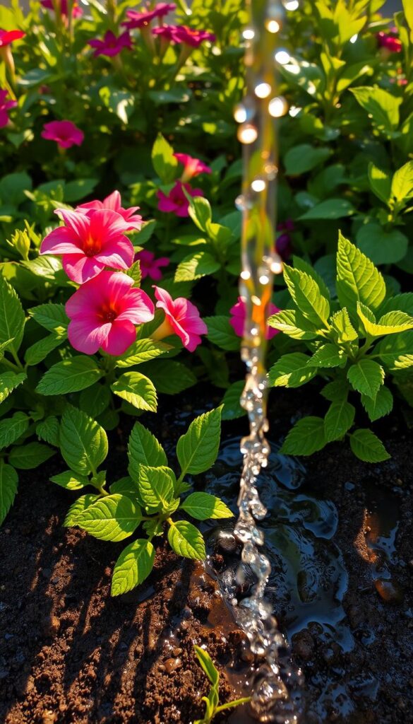 Water at the base of a lush, verdant garden bed, with droplets glistening on the leaves and petals of vibrant flowers. The sun casts a warm, golden glow, casting long shadows across the soil. A gentle stream of water flows from a hose, cascading over the earth and nourishing the thirsty plants. The scene conveys a sense of tranquility and rejuvenation, capturing the essence of summer garden care. A wide-angle lens and low perspective emphasize the connection between the water and the thriving vegetation. The overall mood is one of serene abundance, highlighting the importance of thoughtful watering during the heat of summer. Water at the base of a lush, verdant garden bed, with droplets glistening on the leaves and petals of vibrant flowers. The sun casts a warm, golden glow, casting long shadows across the soil. A gentle stream of water flows from a hose, cascading over the earth and nourishing the thirsty plants. The scene conveys a sense of tranquility and rejuvenation, capturing the essence of summer garden care. A wide-angle lens and low perspective emphasize the connection between the water and the thriving vegetation. The overall mood is one of serene abundance, highlighting the importance of thoughtful watering during the heat of summer.