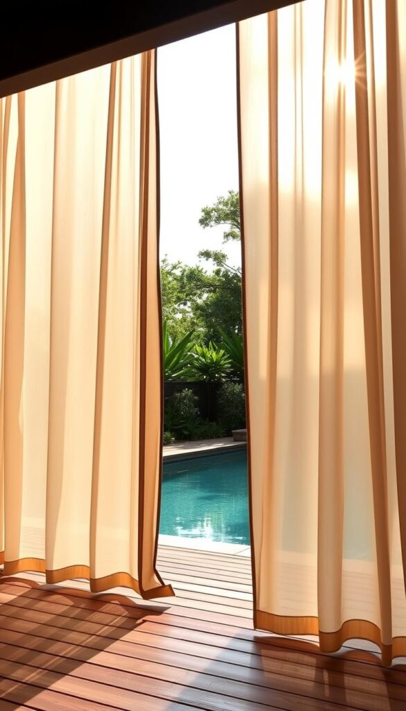 Waterproof outdoor curtains in a vibrant, nature-inspired setting. A sleek, modern cabana with soft, flowing panels in a neutral, water-resistant fabric. Sunlight filters through the translucent material, casting a warm glow. The curtains billow gently in a light breeze, offering privacy and protection from the elements. In the foreground, a well-maintained wooden deck leads to a tranquil pool, surrounded by lush greenery. The overall atmosphere is one of sophisticated, weather-resistant elegance, perfect for an upscale outdoor living space.
